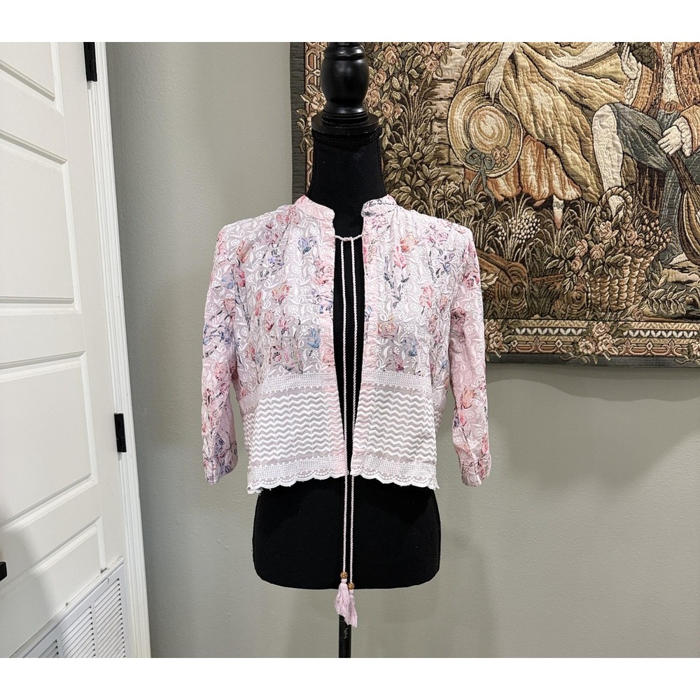Hook Jacket‎ Womens XXL Pink Lace Embroidered Kimono Boho Tassel Tie Cropped